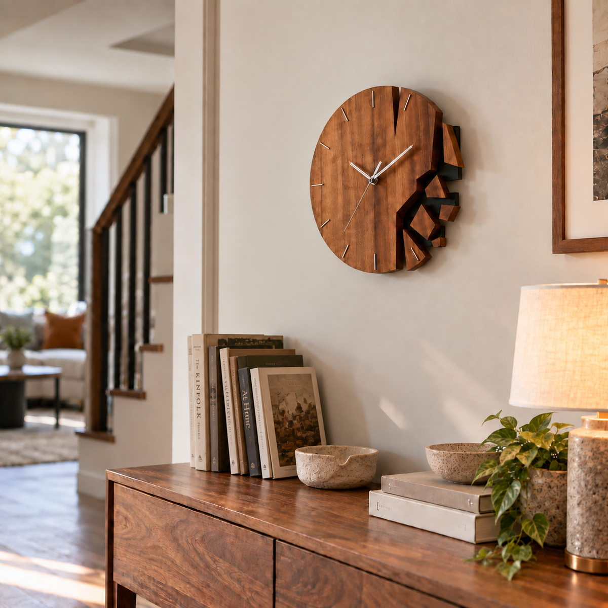 Horloge murale en bois éclaté sur un mur crème, au-dessus d'une console en bois avec lampe et livres près d'un escalier