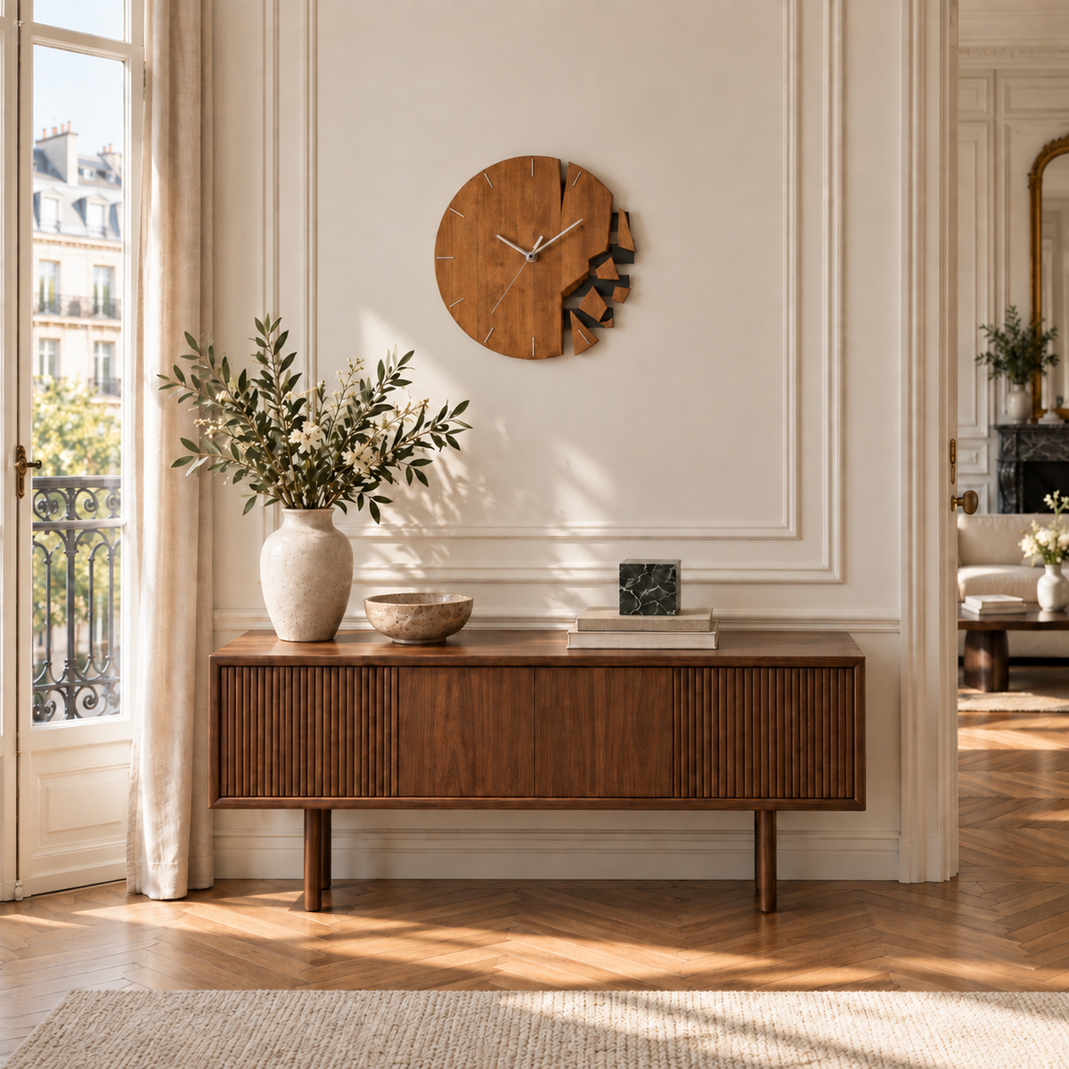 Horloge murale en bois éclaté accrochée au-dessus d'une enfilade en noyer dans un salon haussmannien clair