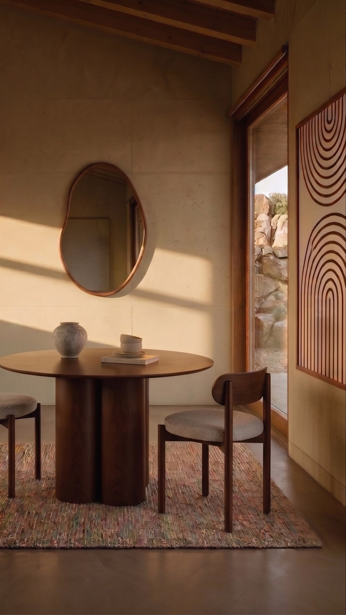 Salle à manger noyer : table ronde en noyer, miroir organique en bois et tableau à arches