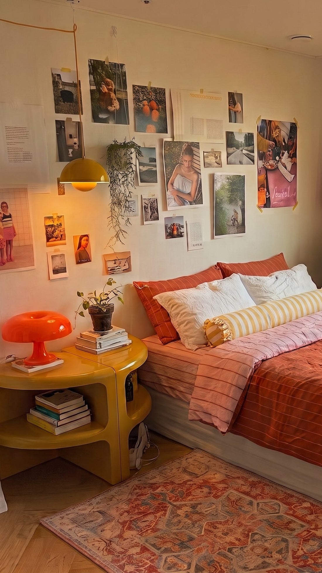 Chambre rétro solaire : lampe orange laquée, suspension dôme jaune et mur de photos