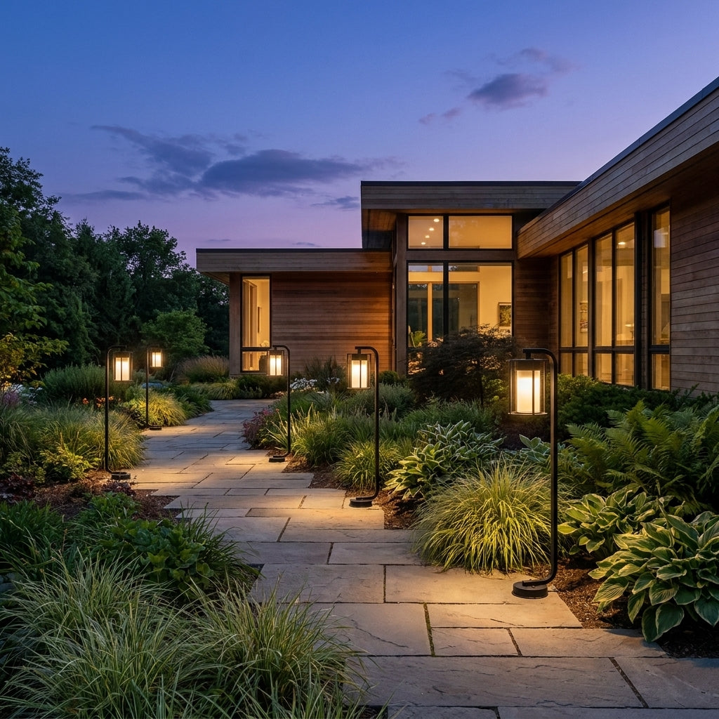 Lampadaires d'extérieur Vialis bordant une allée de jardin vers une maison moderne au crépuscule
