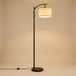 Lampadaire liseuse arqué Liséa en métal noir mat avec abat-jour tambour en lin beige - Ambient Home
