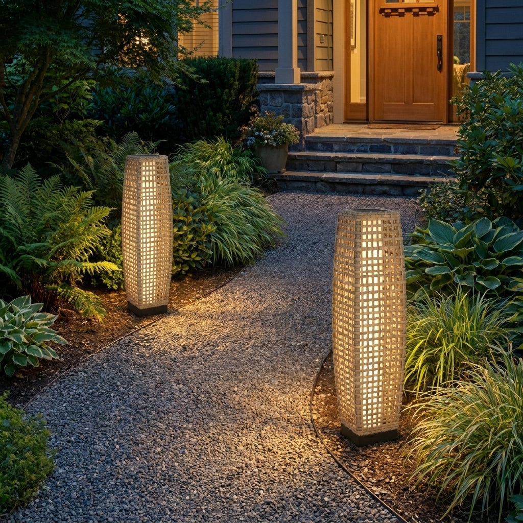 Deux lampadaires solaires Soliro en rotin bordant une allée de jardin vers l'entrée au crépuscule