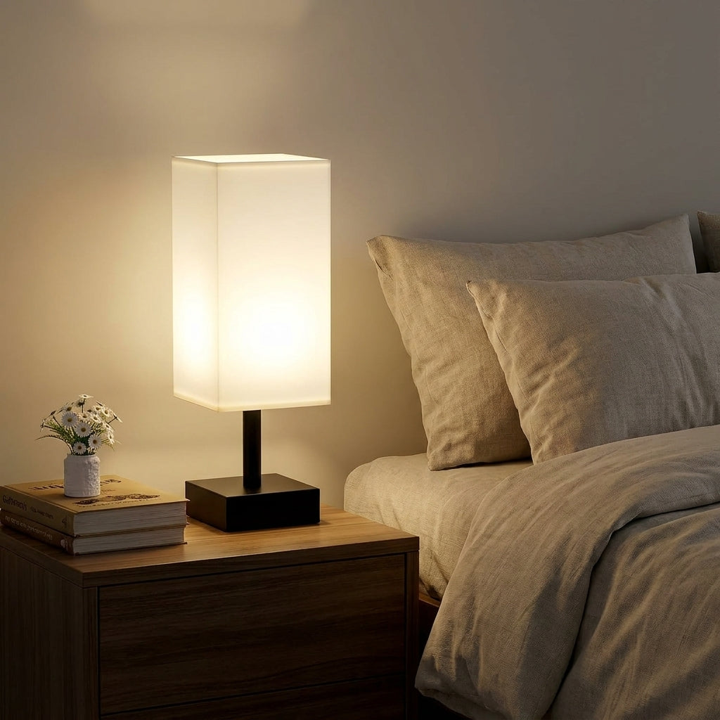 Lampe de chevet Calune sur une table de nuit en bois à côté d'un lit, lumière douce et chaleureuse