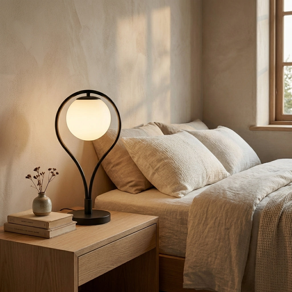 Lampe de table Liora sur une table de chevet en chêne dans une chambre en lin, lumière du soir