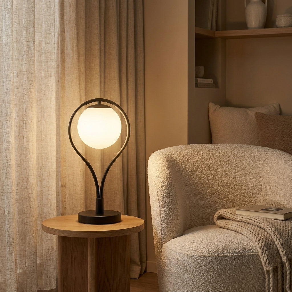 Lampe de table Liora sur un guéridon près d'un fauteuil bouclé, ambiance chaleureuse