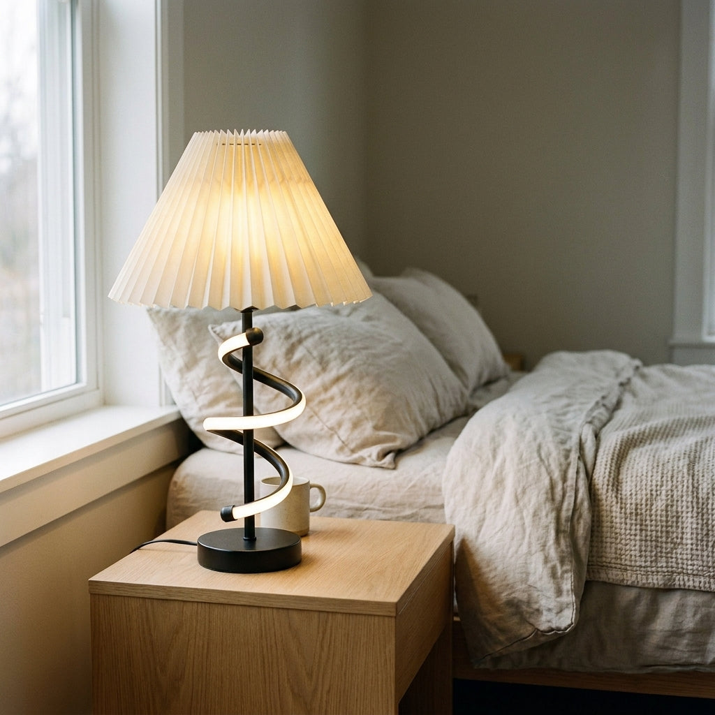 Lampe de table Hélia sur une table de chevet en chêne dans une chambre en lin, lumière naturelle