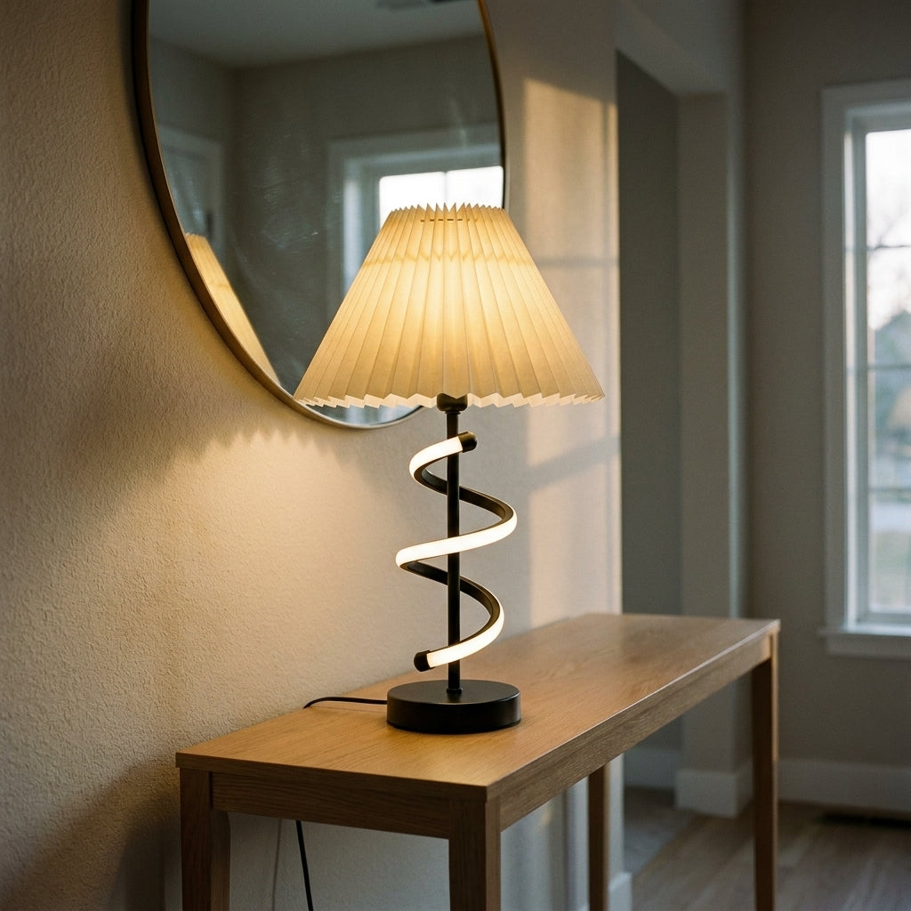 Lampe de table Hélia sur une console d'entrée sous un miroir rond, ambiance chaleureuse