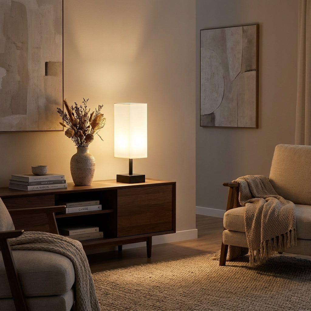 Lampe de table Calune sur une console dans un salon contemporain, ambiance chaleureuse