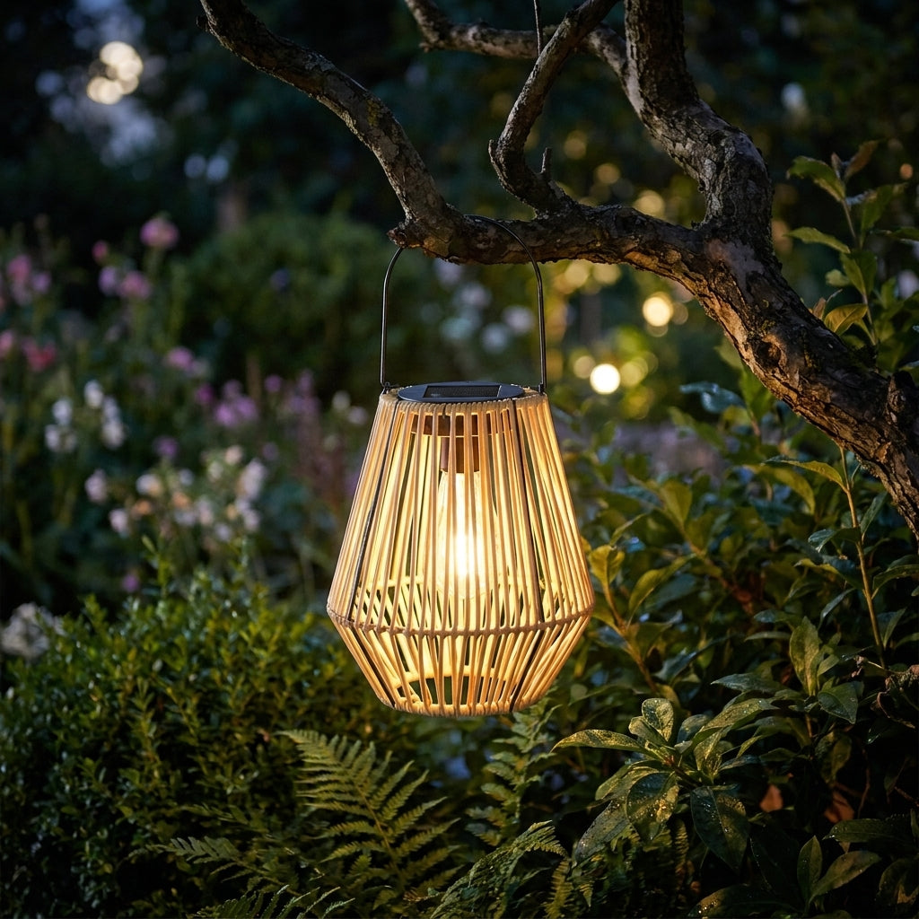 Lanterne solaire en rotin tressé Soléra suspendue à une branche dans un jardin la nuit, lueur chaude