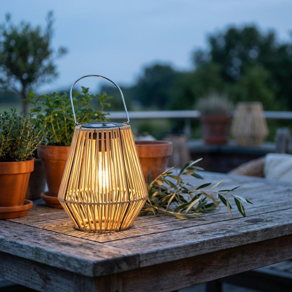 Lanterne solaire en rotin tressé Soléra posée sur une table de jardin au crépuscule, plantes et olivier