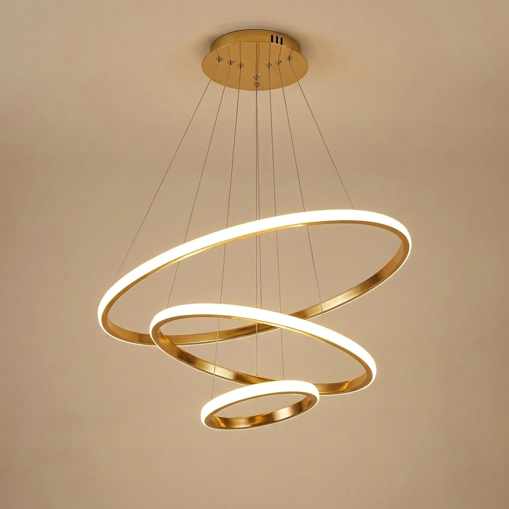 Lustre LED 3 anneaux en spirale doré Anélio, suspension moderne