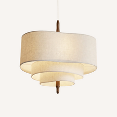 Suspension Calora, double abat-jour en tissu beige et embout en bois