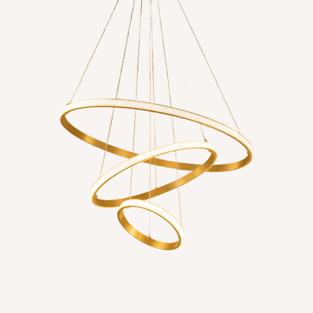 Lustre Élyron, trois anneaux LED dorés en spirale