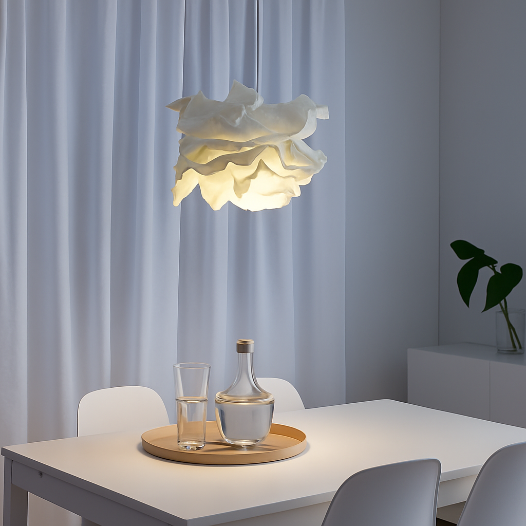 Lustre en papier au-dessus d'une table de salle à manger