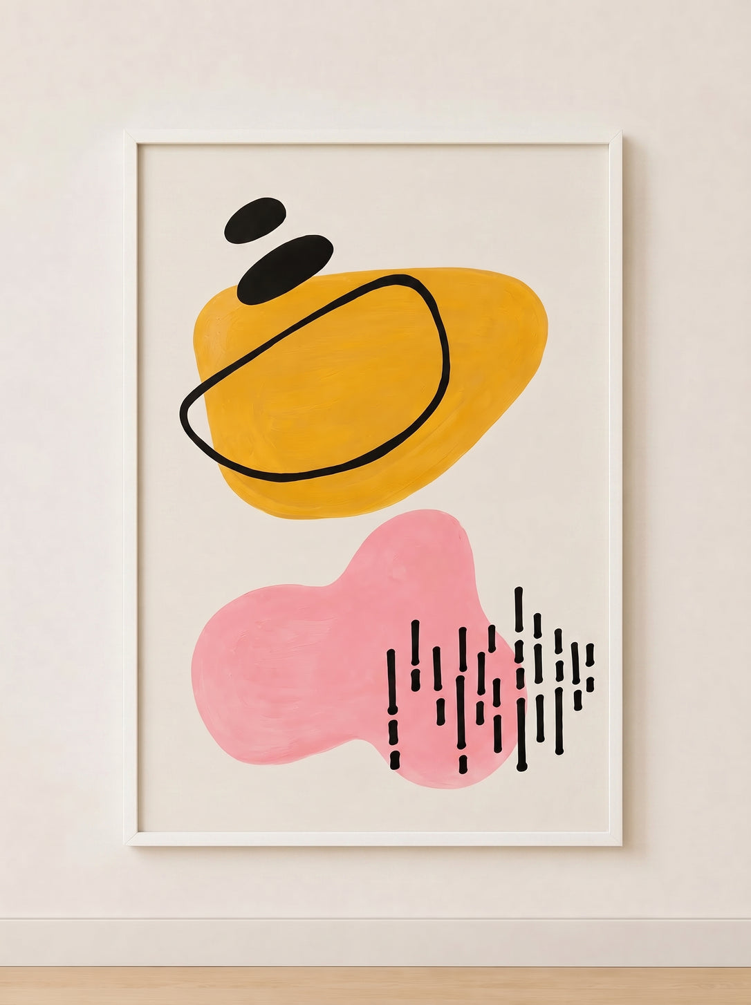 Tableau abstrait jaune et rose dans un cadre blanc