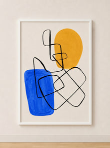 Tableau Abstrait Bleu, Ocre et Trait Noir – Équilibre Graphique et Élégance Moderne