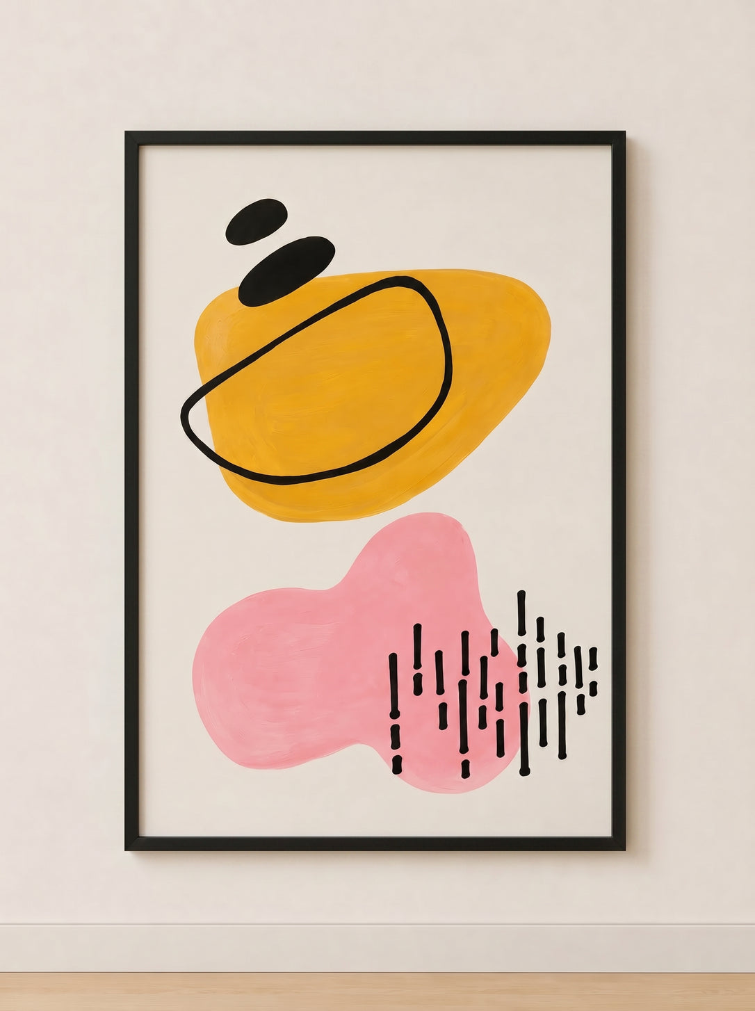 Tableau abstrait jaune et rose dans un cadre noir
