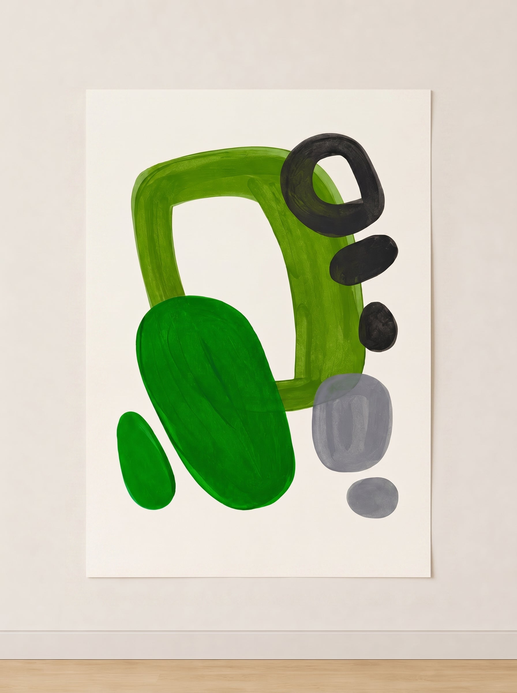 Tableau Abstrait Vert et Noir – Composition Organique et Équilibre Contemporain