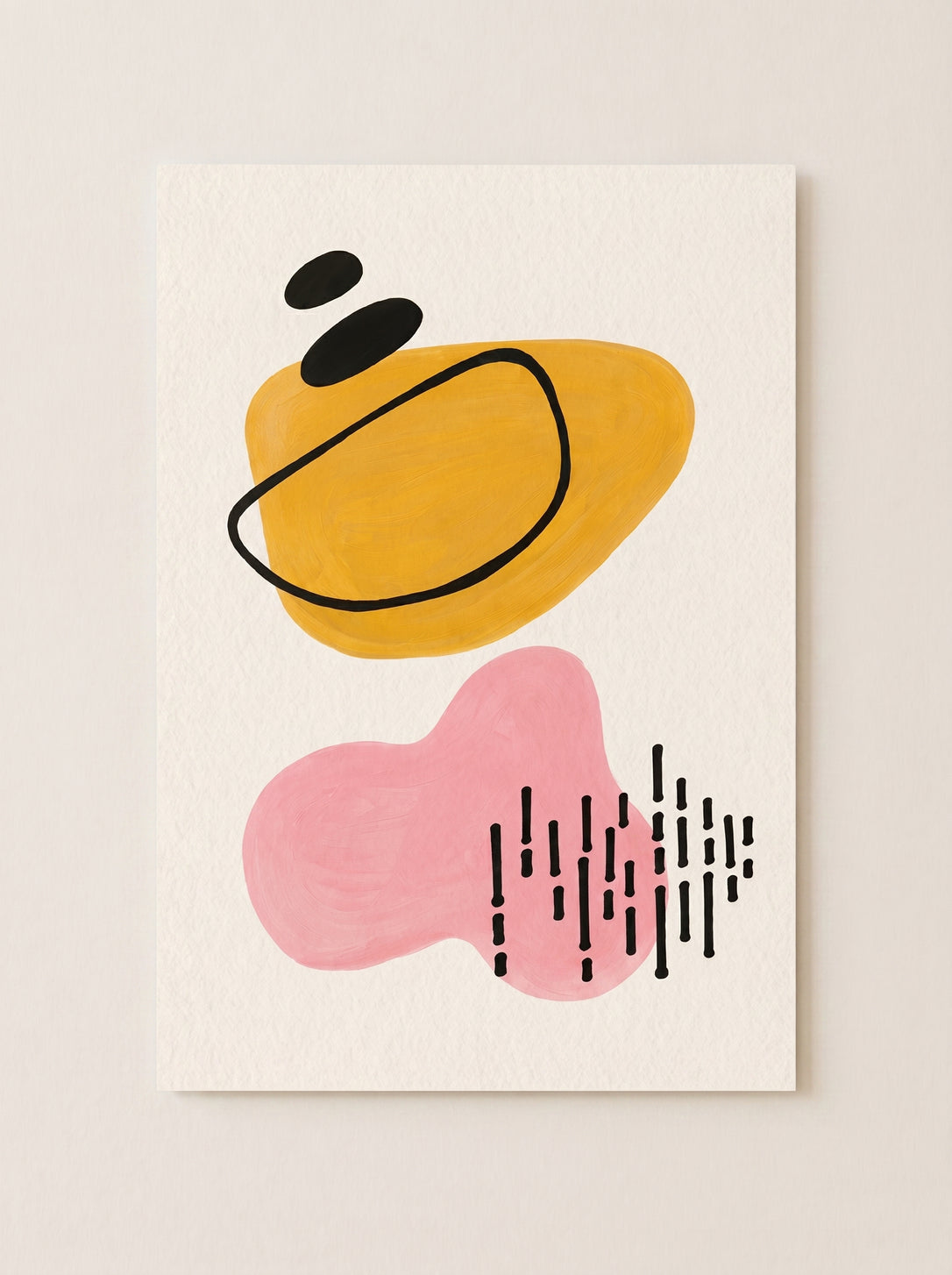 Tableau abstrait jaune et rose sans cadre, formes organiques