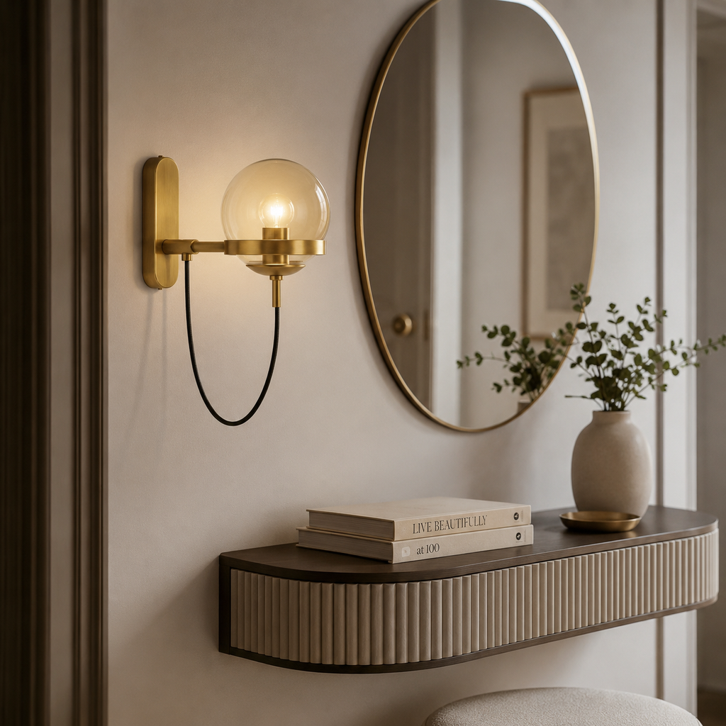 Applique Perléil dorée à côté d'un miroir rond dans une entrée