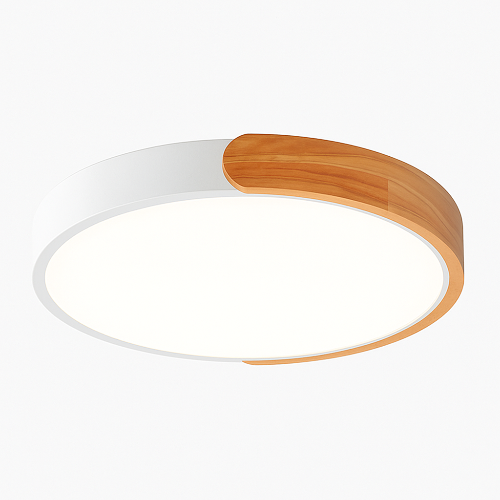 Plafonnier LED rond en métal coloré et bois Macarélis