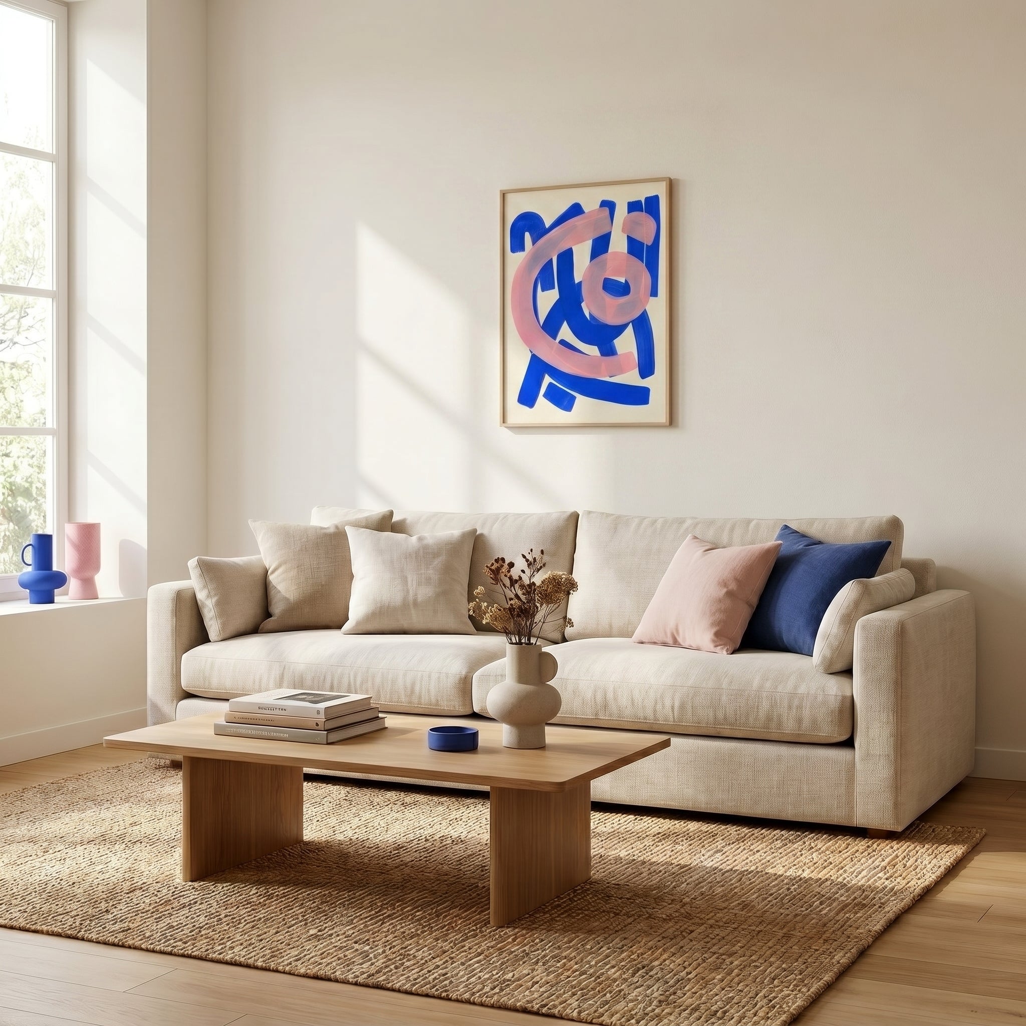 Tableau Abstrait Bleu et Rose – Contraste Graphique et Équilibre Moderne