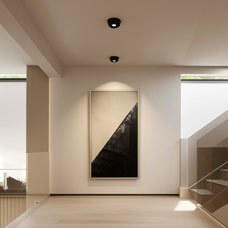 Spots encastrés alignés dans un plafond de salon