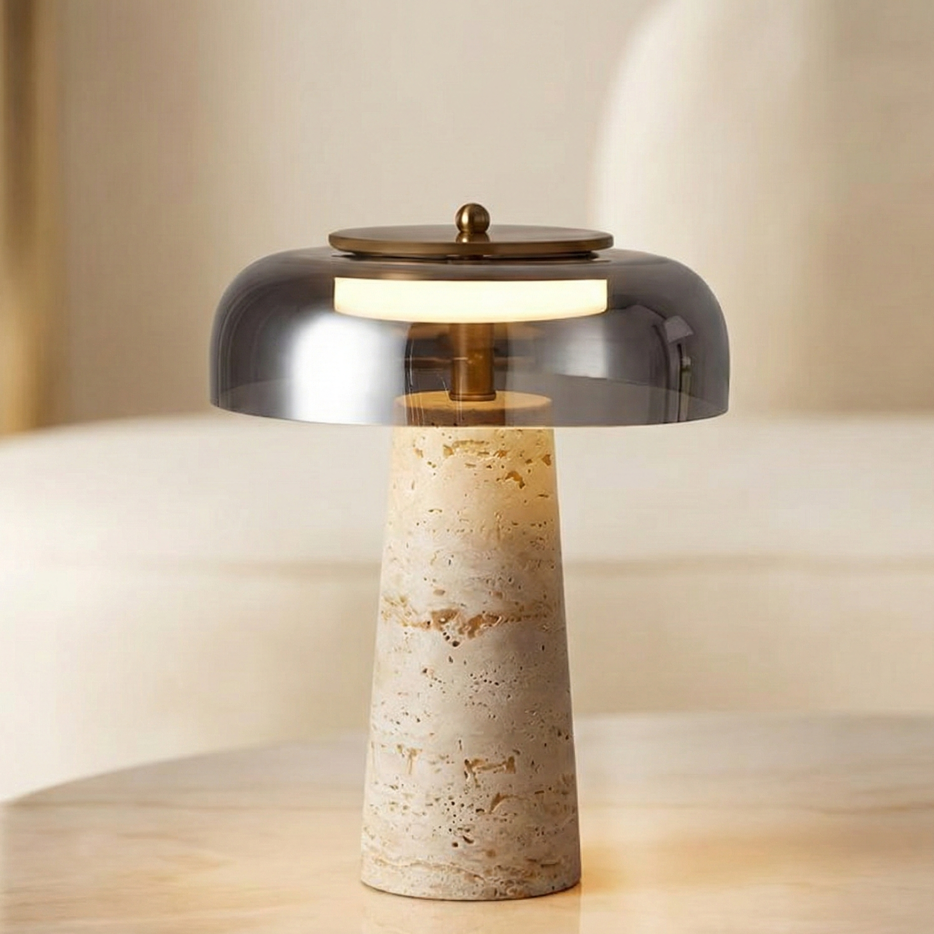 Lampe en Travertin et Verre Transparent – Travénoir