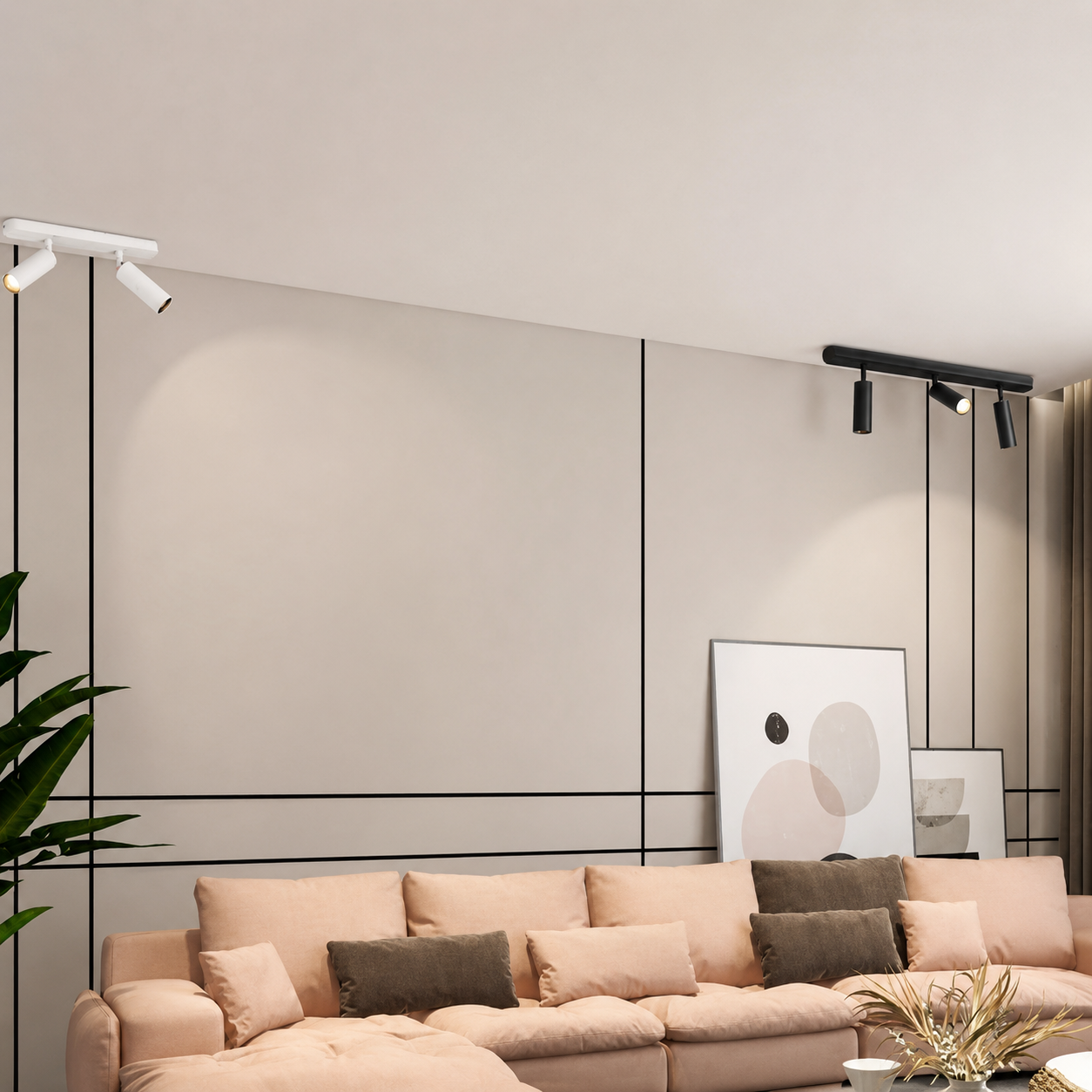 Barres de spots Trioélis blanche et noire au plafond d'un salon