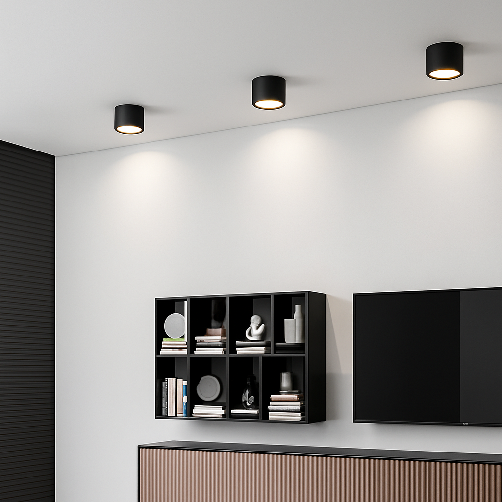 Les trois finitions du spot rond, blanc, gris et noir