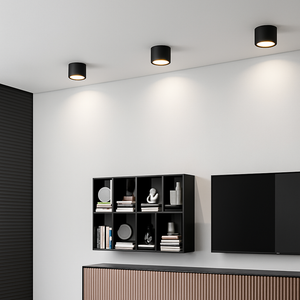 Les trois finitions du spot rond, blanc, gris et noir