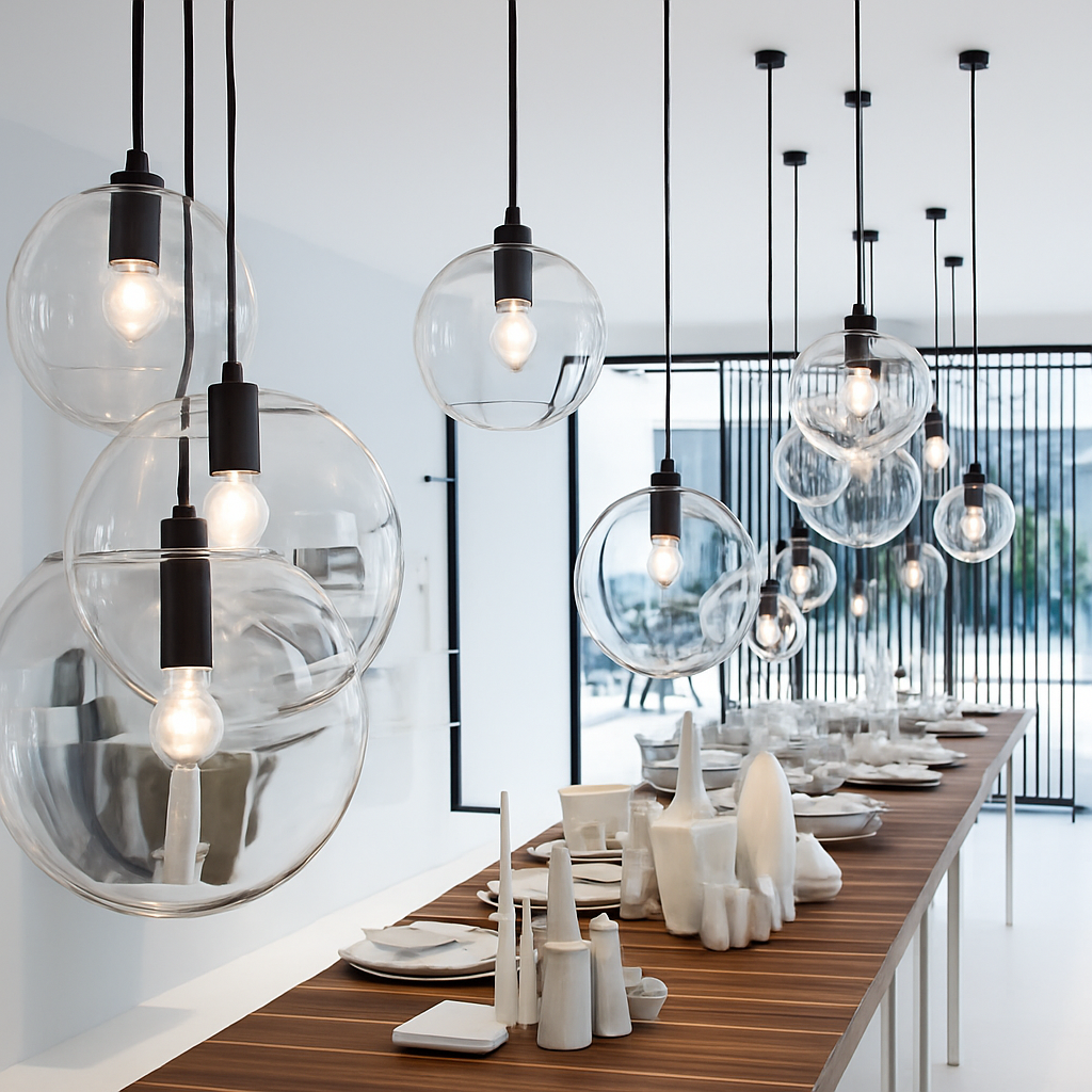 Sphéra en verre noir suspendue au-dessus d'une table
