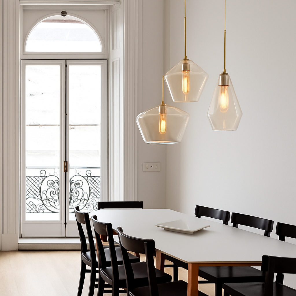 Suspensions en verre alignées au-dessus d'un comptoir