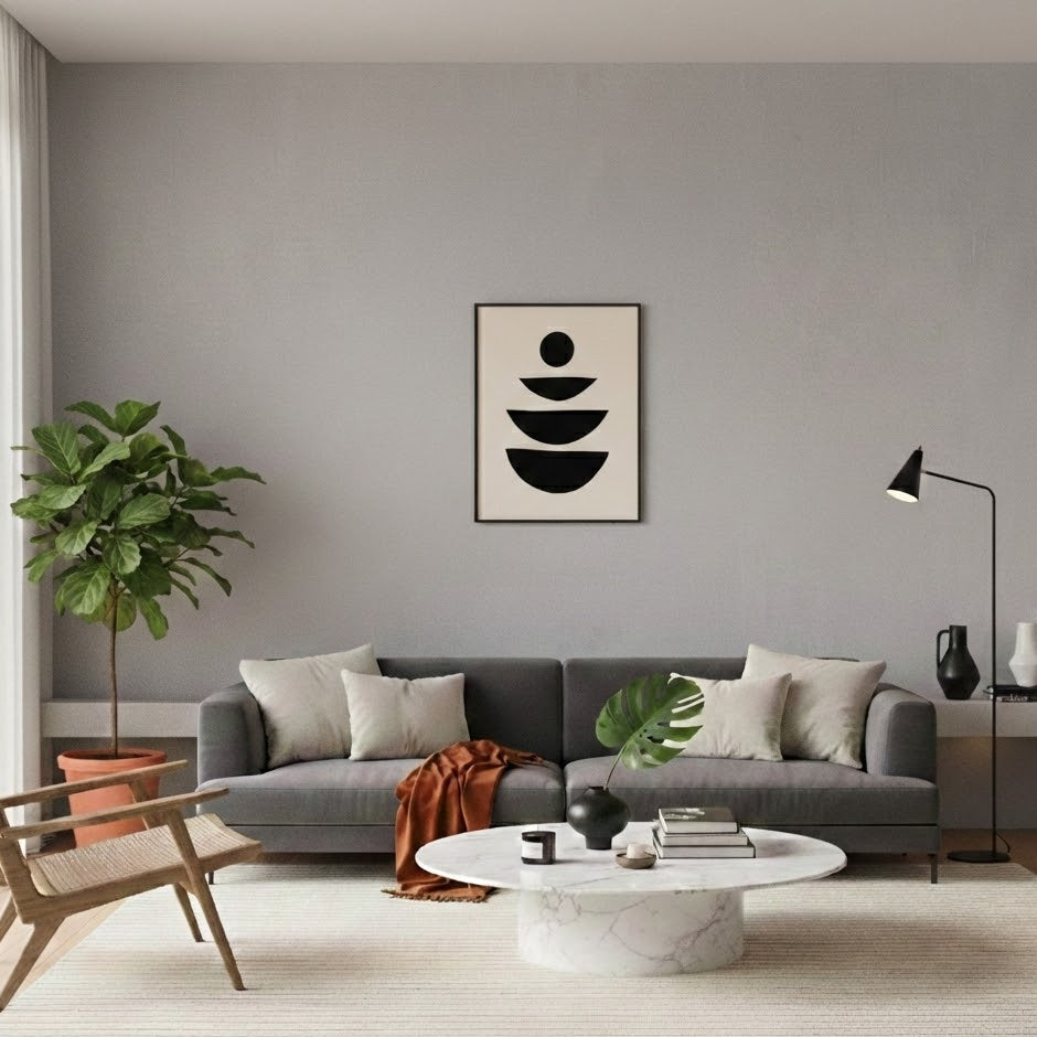 Tableau Équilibre Minimaliste – Formes Noires sur Fond Beige